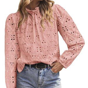 PrettyGarden Dressy Casual Embroidered Long Puff Sleeve Eyelet Blouse, sz XXL